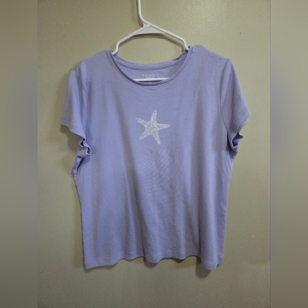 Talbots Women's Petite Size XL Short Sleeve Printed Tee, Purple, 100% Cotton